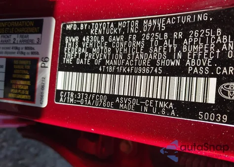 2015 Toyota Camry Le from USA, damaged, VIN 4T1BF1FK4FU996745